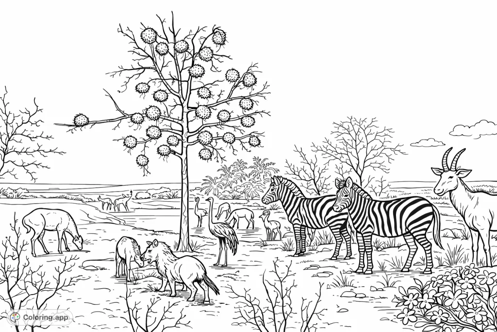 Explore an engaging savanna scene featuring zebras, antelopes, and diverse wildlife gathering around a watering hole. A perfect cartoony savanna coloring page.