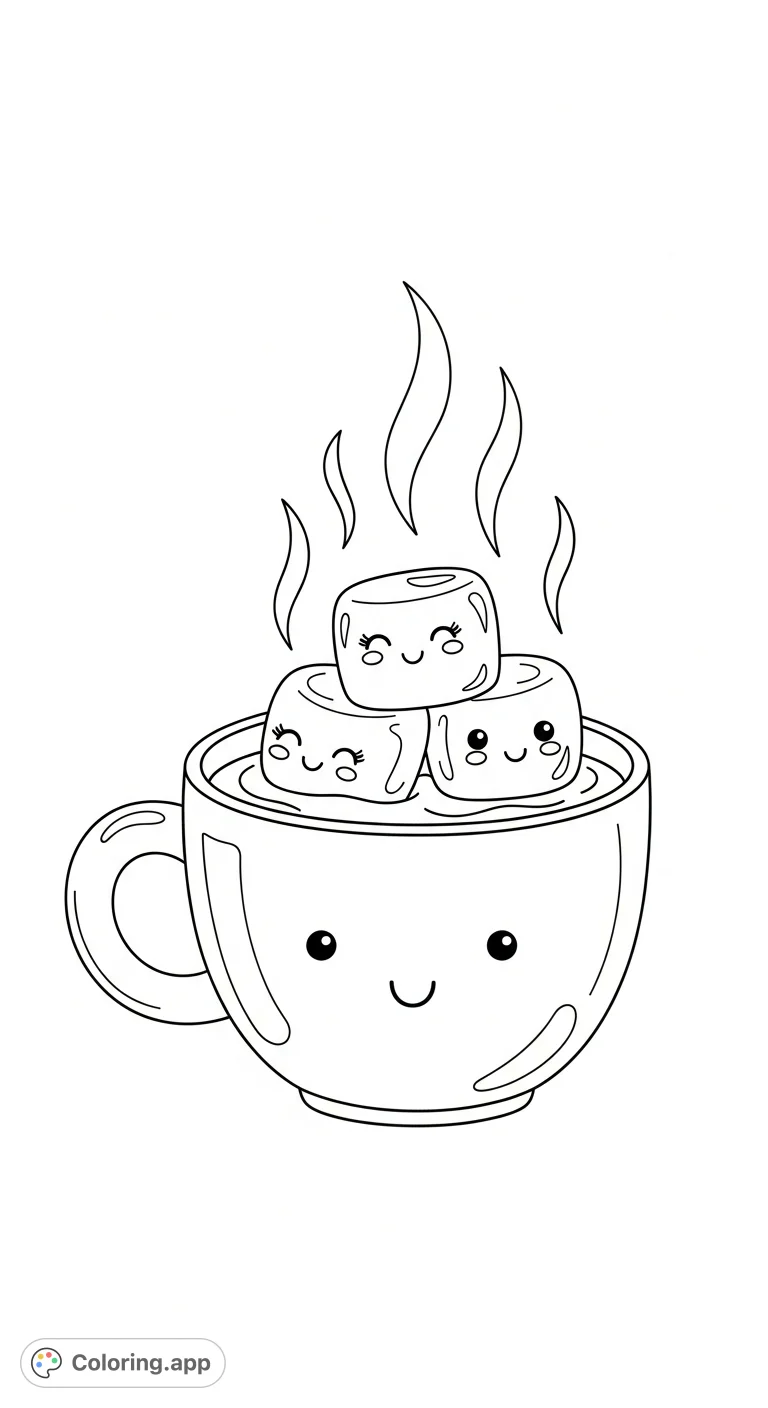 A cheerful hot cocoa mug with smiling marshmallows, perfect for a cozy, easy coloring experience. Great for kids and toddlers!