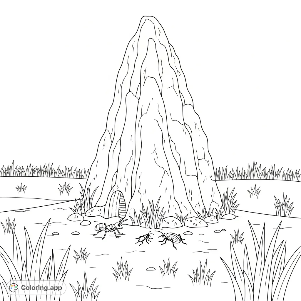 Discover a towering termite mound amidst a serene grassland, featuring tiny insects. A perfect, free printable nature coloring page for curious minds.