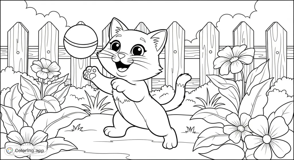 A cheerful kitten playfully batting a ball amidst blooming garden flowers and lush leaves. A delightful, easy-to-color scene for young artists.