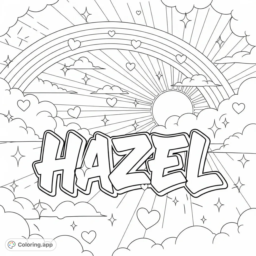 A vibrant graffiti-style 'HAZEL' name against a sunny sky with a majestic rainbow arch, whimsical clouds, and scattered hearts and sparkles. A fun, free printable coloring page.
