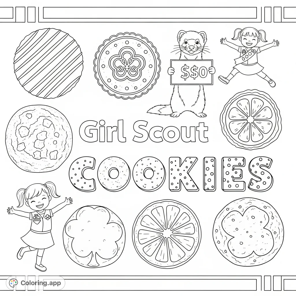 A delightful Girl Scout cookies coloring page featuring a variety of patterned cookies, cheerful girls, a ferret, and iconic text for a fun coloring experience.