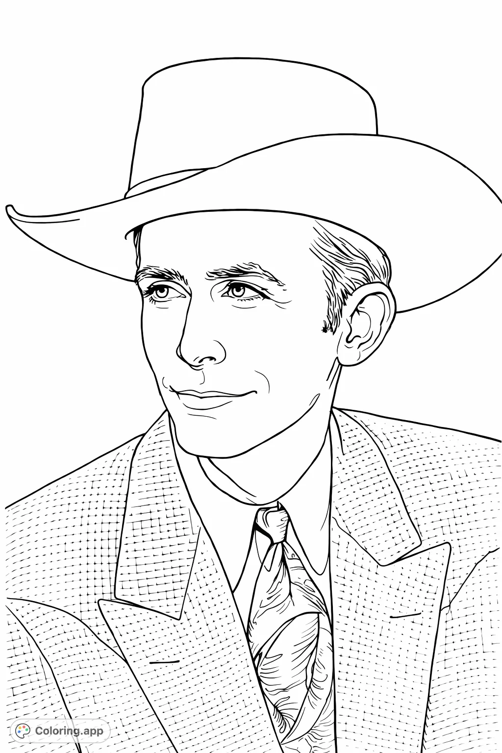 Color a timeless portrait of a gentleman in a classic cowboy hat and patterned suit. A sophisticated scene for all ages, perfect for detailed coloring.