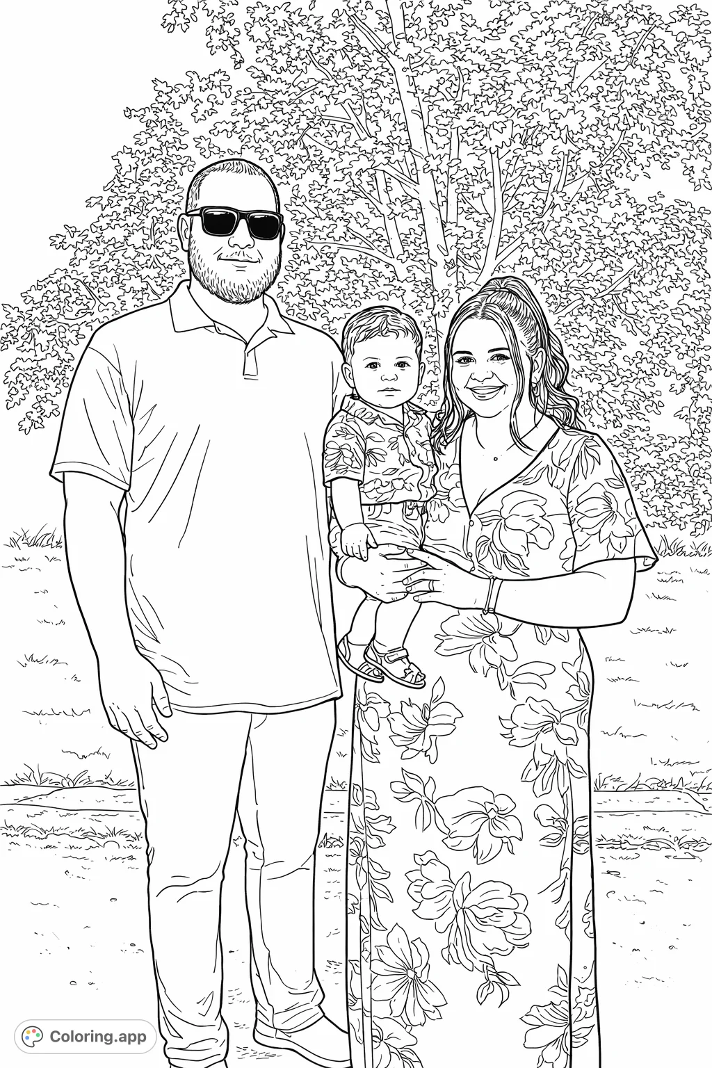 Capture a heartwarming family moment with this detailed portrait coloring page. Perfect for celebrating connections and outdoor beauty.
