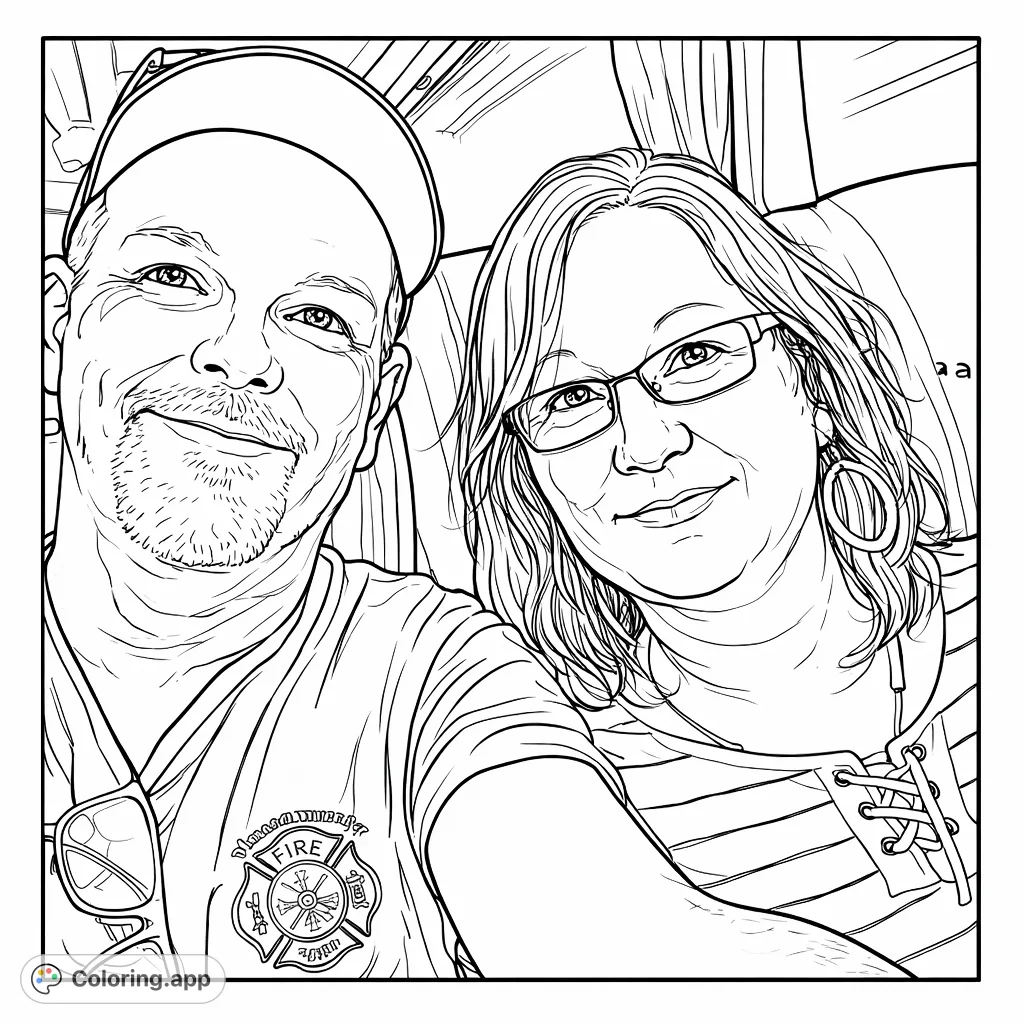 A delightful couple portrait coloring page, capturing two smiling adults on a journey. Customize their expressions and surroundings.
