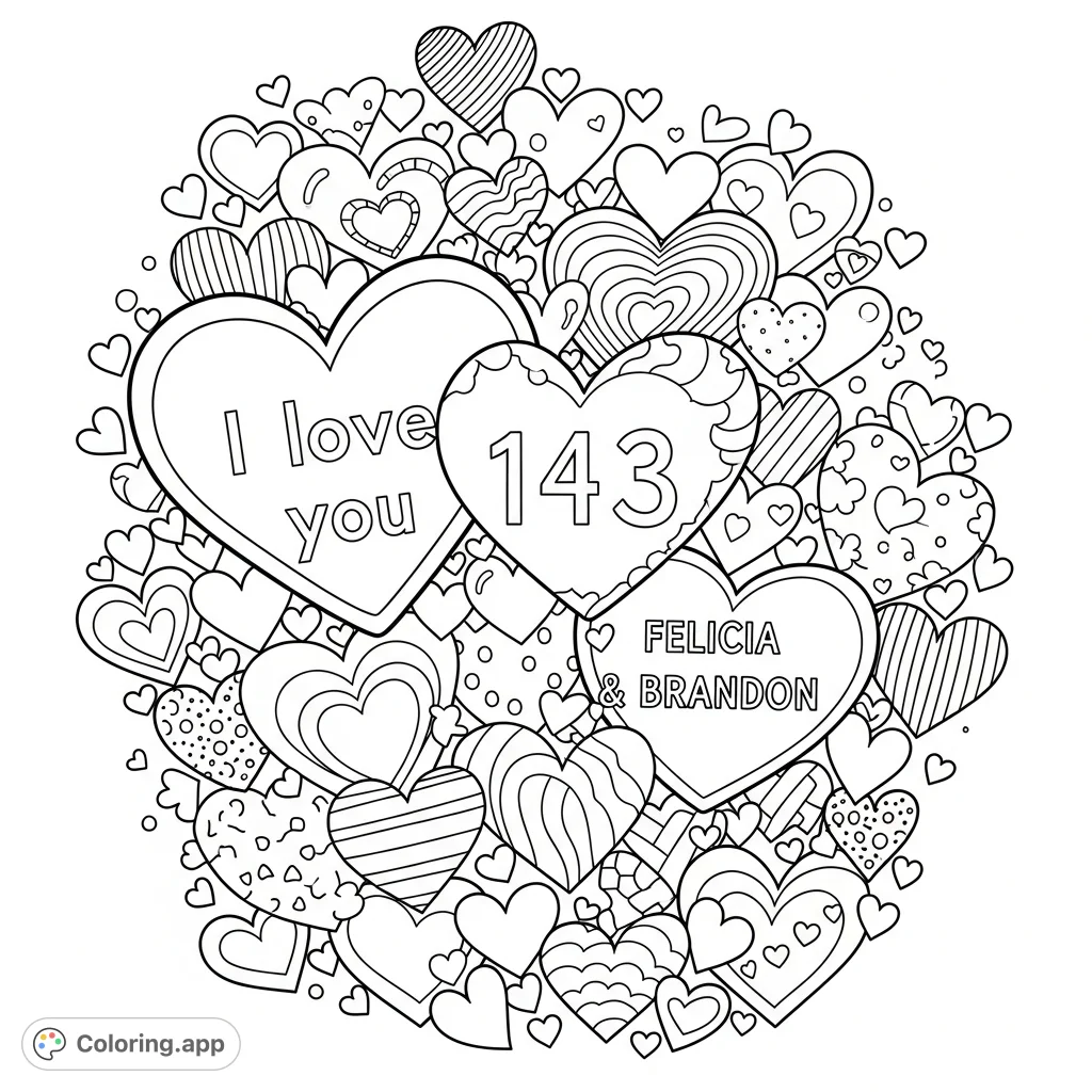 A charming display of doodle hearts, varying in size and pattern, featuring loving messages like "I love you," "143," and "Fe...