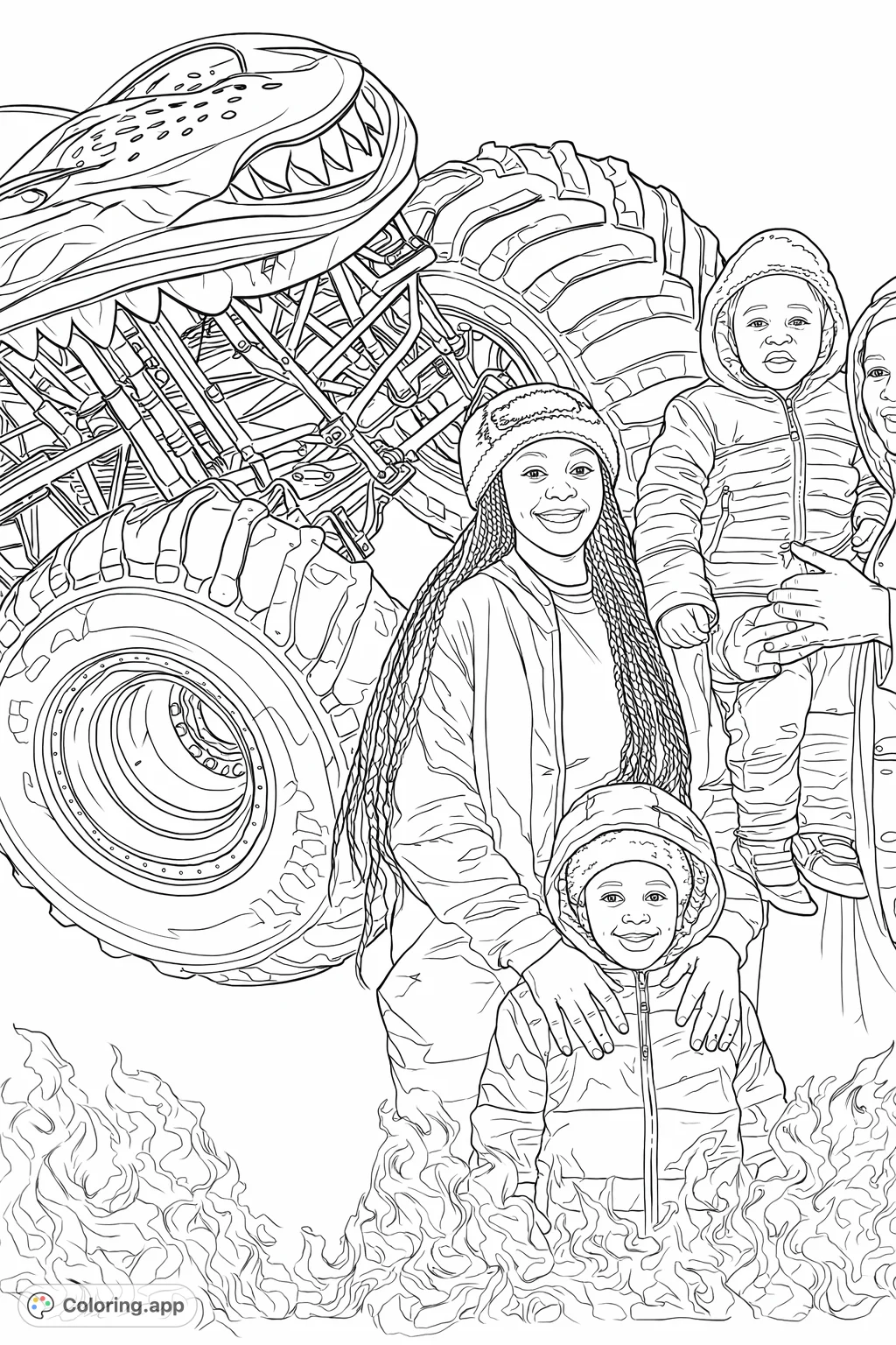 A family enjoys a thrilling monster truck event, featuring a large, toothy truck and dynamic flame effects. Perfect for enthusiasts of high-octane action!