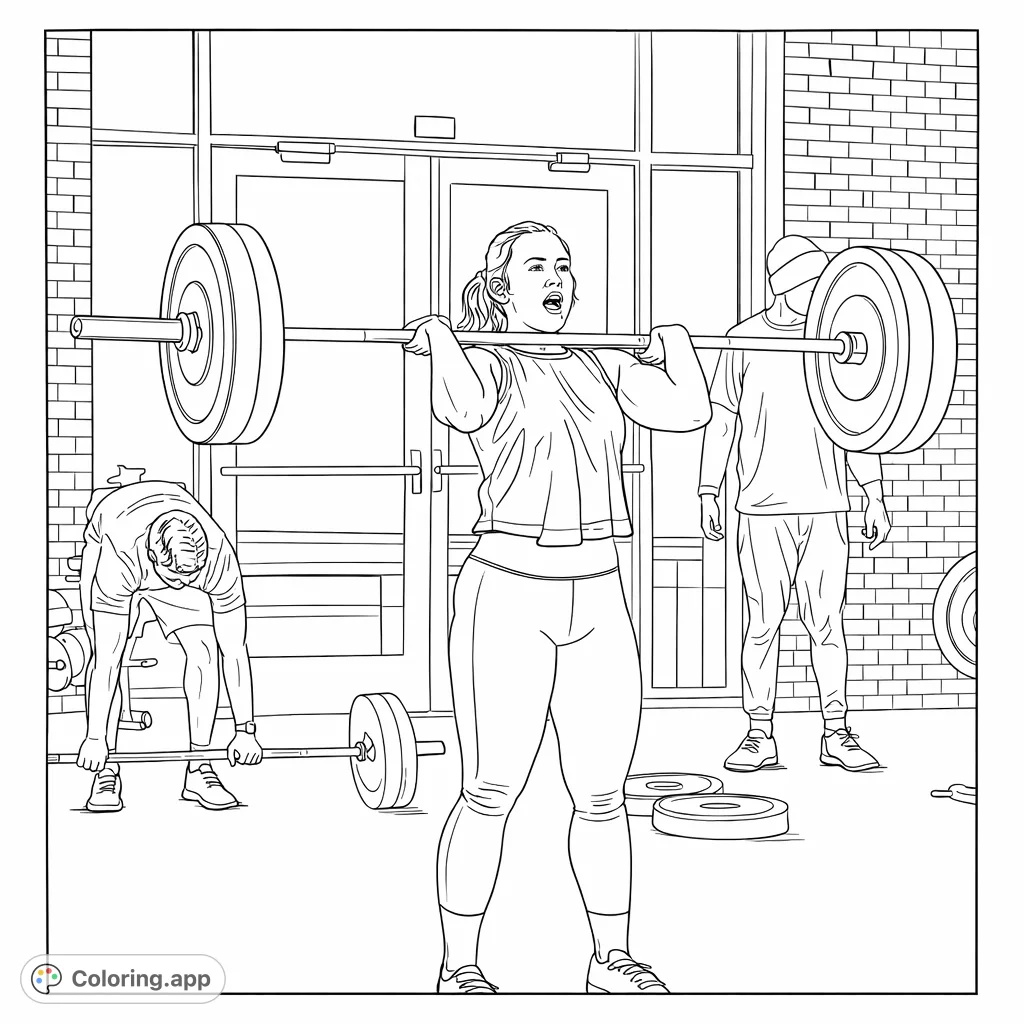 Focus on strength and determination with this fitness coloring page featuring a woman performing a barbell lift in a dynamic gym setting. Ideal for gym enthusiasts.