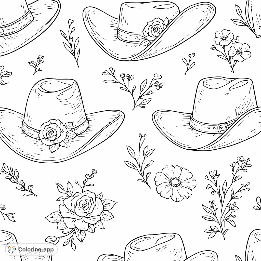 A charming pattern featuring various western hats adorned with delicate flowers and botanical elements. Perfect for fashion and nature enthusiasts.