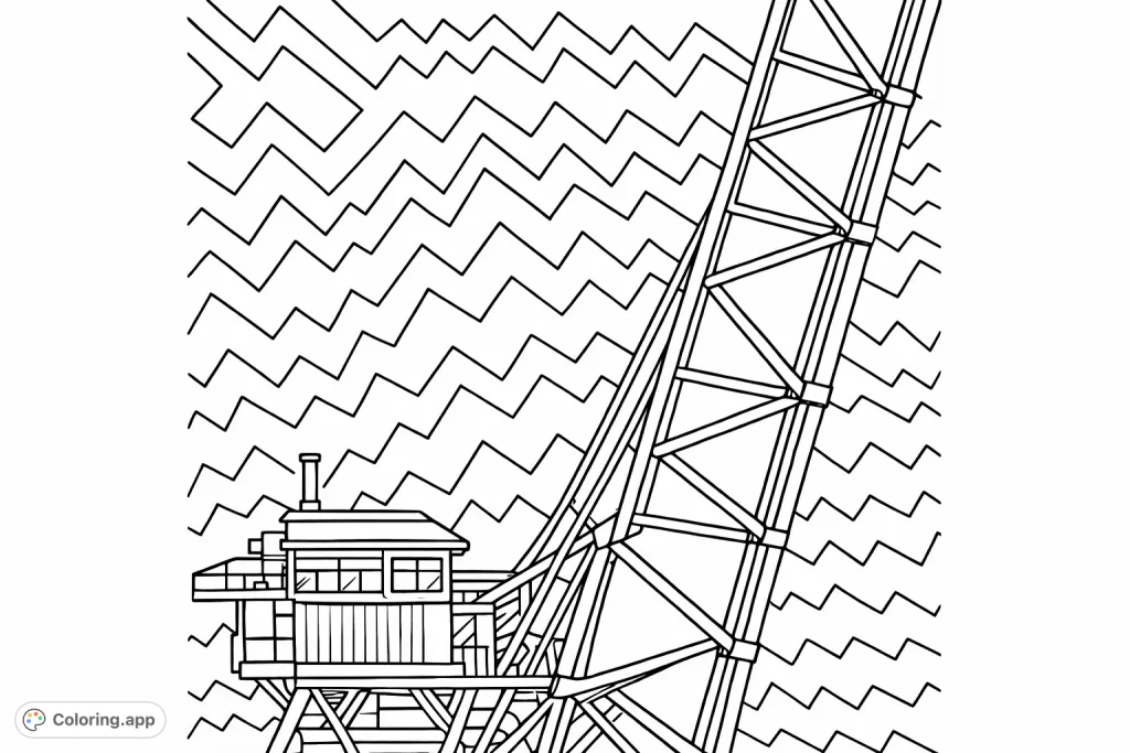 Color a majestic drawbridge rising against a futuristic cityscape with bold outlines and moderate detail. Features a control building and a dynamic zigzag background.
