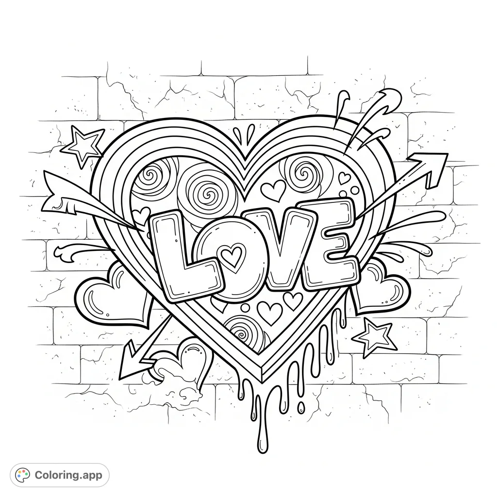 Unleash your creativity with this cool graffiti heart coloring page, blending street art vibes with sweet Valentine's Day themes. Perfect for unique expression!