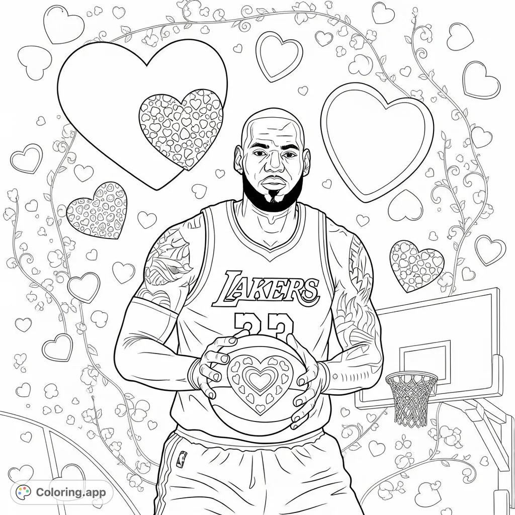 A unique Lebron James Valentine's Day coloring page! Featuring the basketball star surrounded by hearts and a heart-patterned basketball.