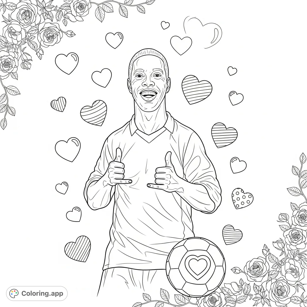 Celebrate love and football with this free printable Ronaldinho coloring page! Featuring the legend amidst hearts and roses, perfect for fans.