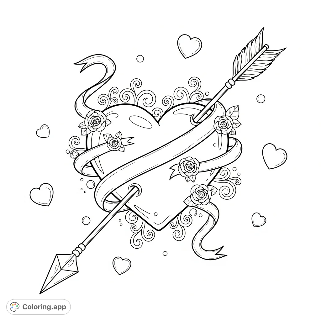 A beautiful Valentines Day coloring page featuring a pierced heart, elegant arrow, delicate roses, and floating small hearts, perfect for expressing affection.