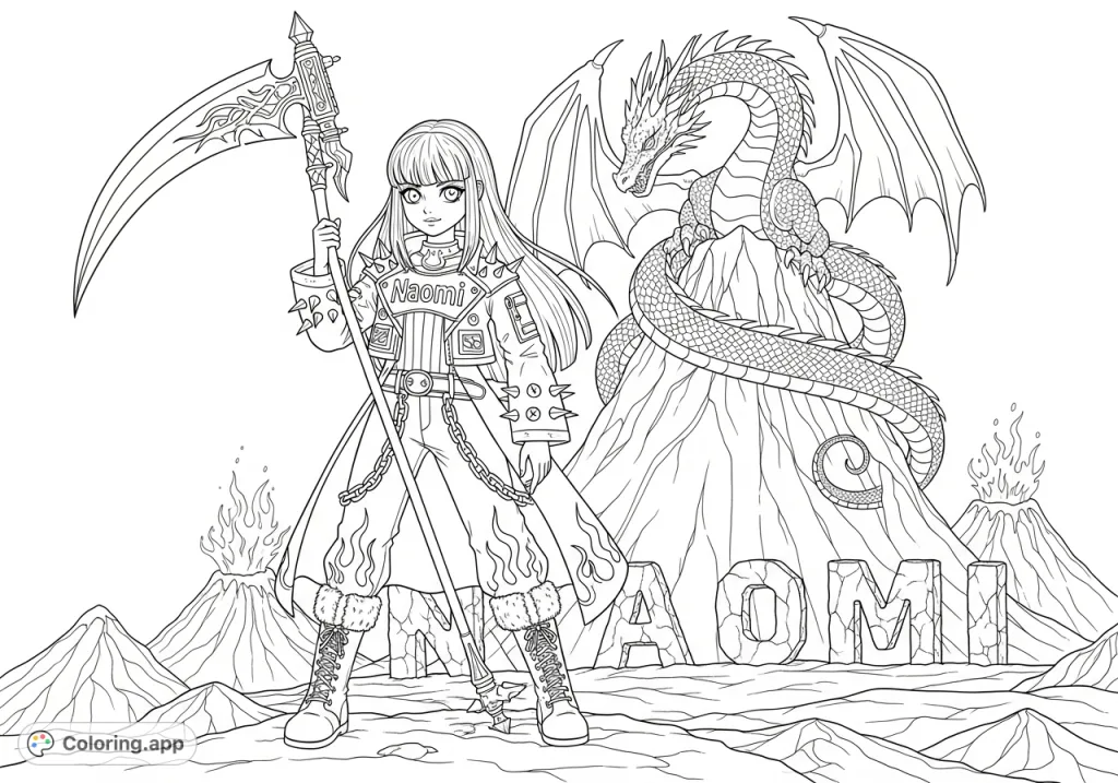 Unleash your creativity on this Martian warrior Naomi coloring page, featuring a detailed character, a majestic dragon, and a volcanic landscape. Free printable.