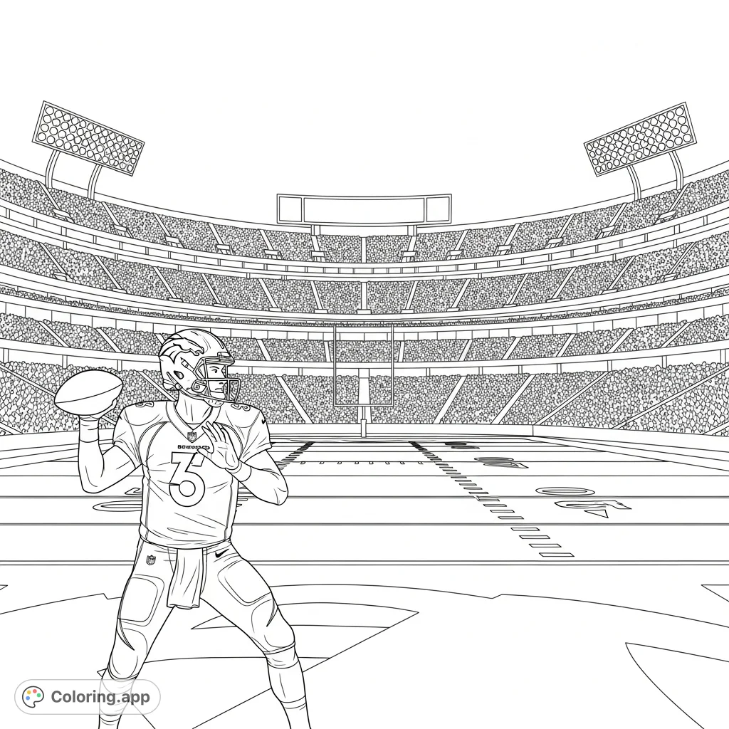 Dynamic American football stadium scene featuring Bo Nix of the Broncos in action. A thrilling free printable coloring page for sports fans and aspiring athletes.