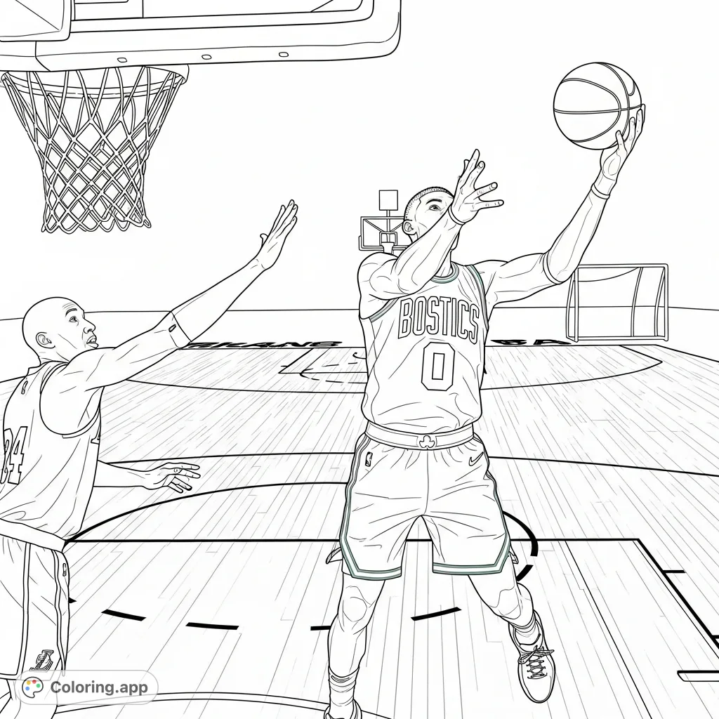 Dynamic Boston Celtics player (jersey #0) sinking a three-pointer against a Lakers opponent on a detailed basketball court. Perfect for sports fans!