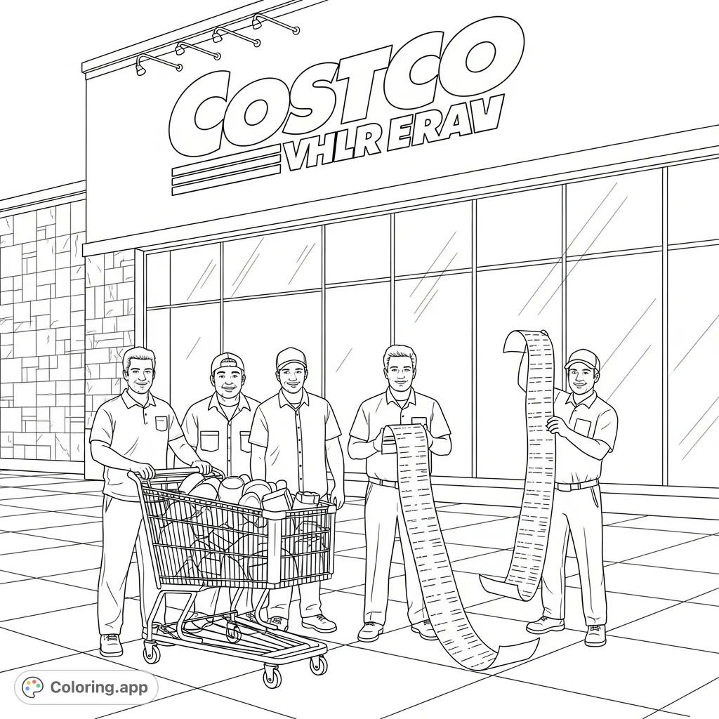 Four men proudly display their epic Costco shopping trip with an overflowing cart and a comically long receipt, set against the familiar store facade. A fun, relatable scene!