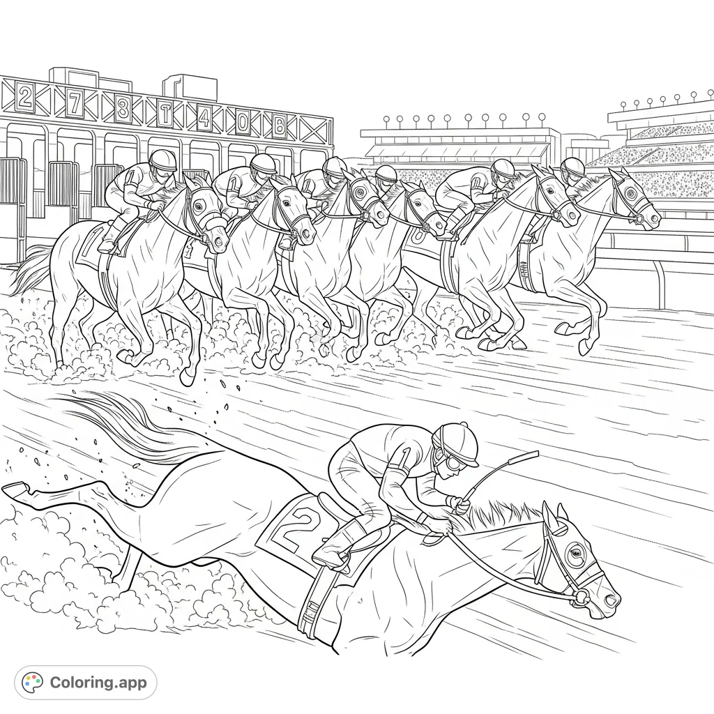 Capture the electrifying start of a Kentucky Derby race with a dramatic moment as a thoroughbred stumbles from the gate, amidst a flurry of hooves and jockeys.