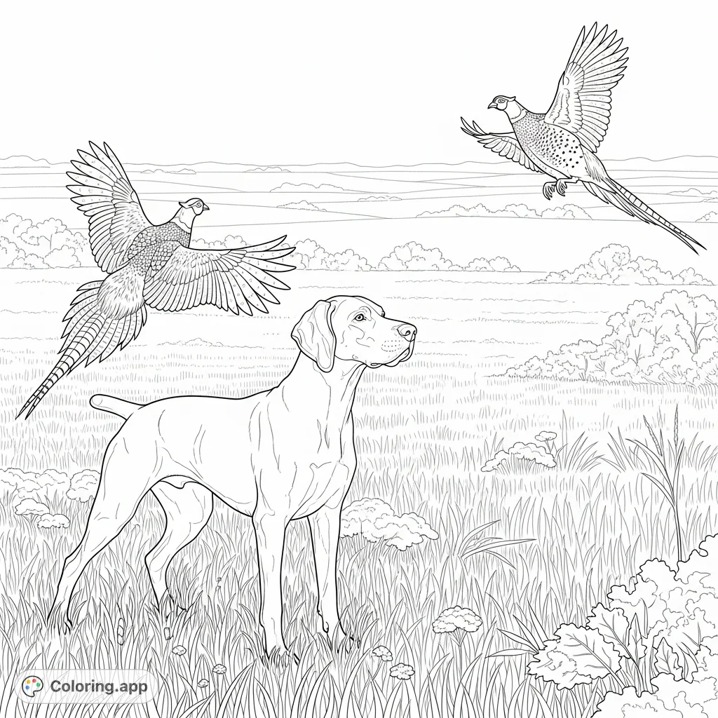 An energetic German Short Hair slash Weimaraner in a field, poised mid-hunt as two pheasants take flight. Perfect for nature and animal lovers!