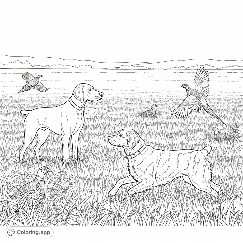 A dynamic hunting dogs coloring page featuring a German Shorthaired Pointer/Weimaraner and a Brittany Spaniel flushing pheasants in a detailed field scene.