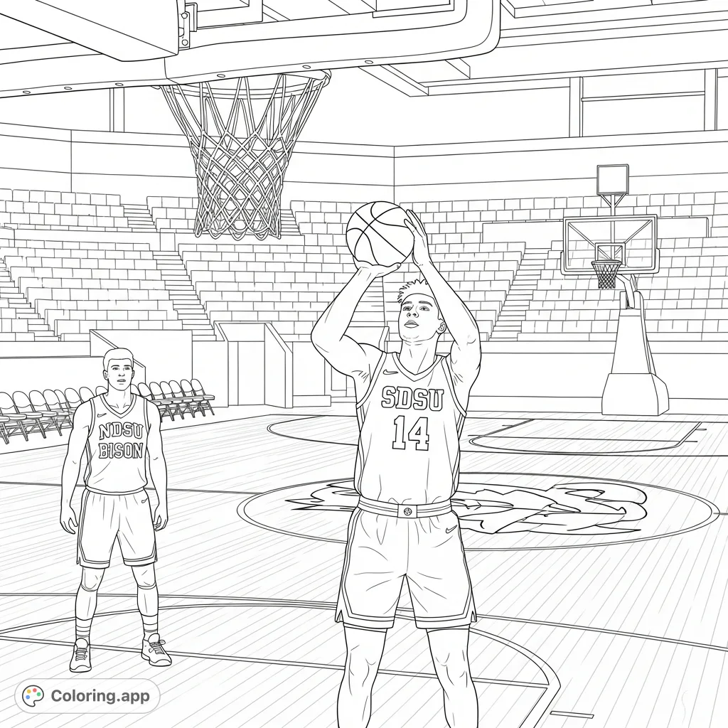 Capture the thrilling moment of an SDSU Jackrabbits basketball player shooting a free throw against an NDSU Bison opponent on the court. Perfect for sports fans!