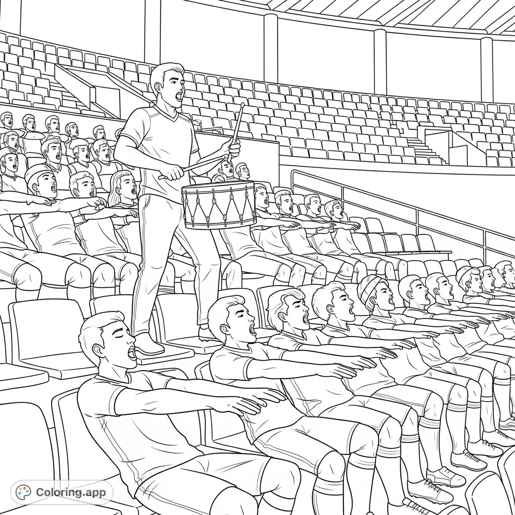 Experience the vibrant energy of Norway soccer fans performing their iconic row chant in stadium stands. A dynamic sports celebration, perfect for coloring.