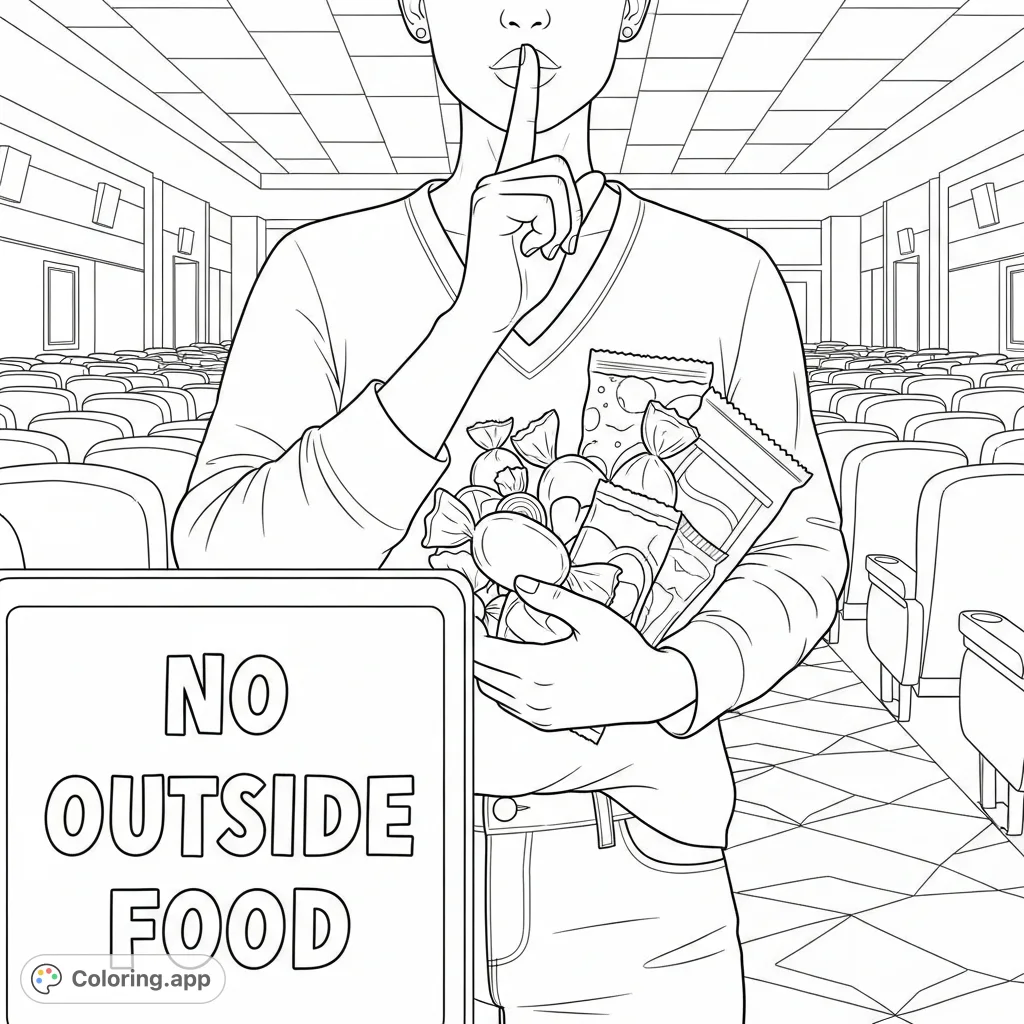 A humorous movie theater coloring page featuring a person sneaking snacks, making a 'shh' gesture, with a 'NO OUTSIDE FOOD' sign nearby. A fun challenge!