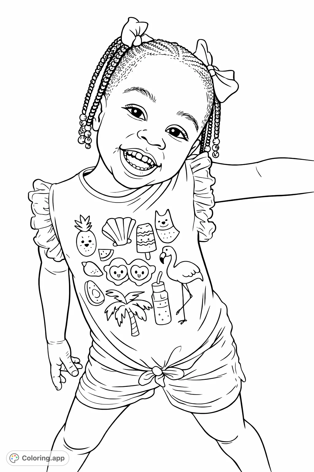 Capture the innocent charm of a smiling child with playful hair bows and a fun, patterned shirt in this delightful coloring page.