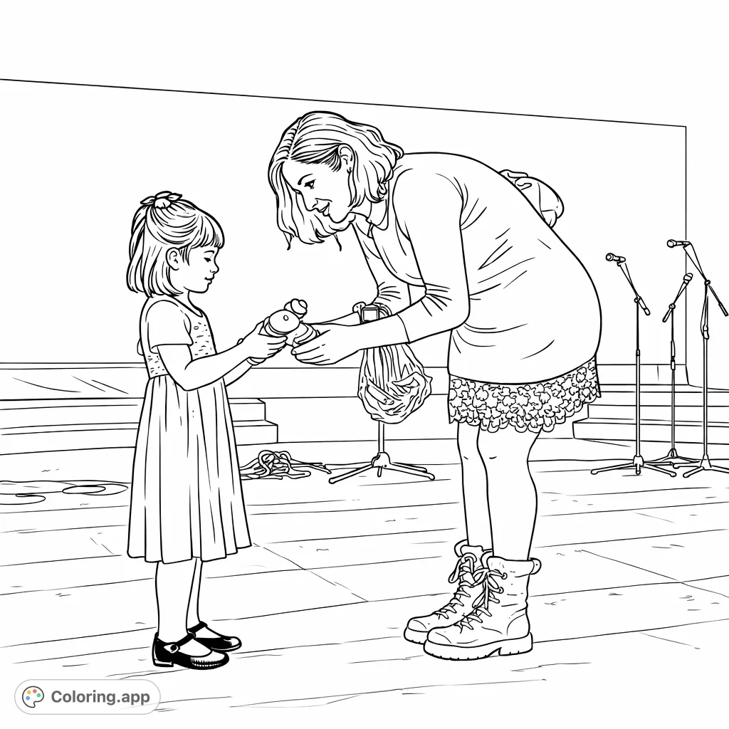 Capture a heartwarming moment of a child receiving a gift from an adult on stage. A memorable scene perfect for personalizing with your artistic touch.