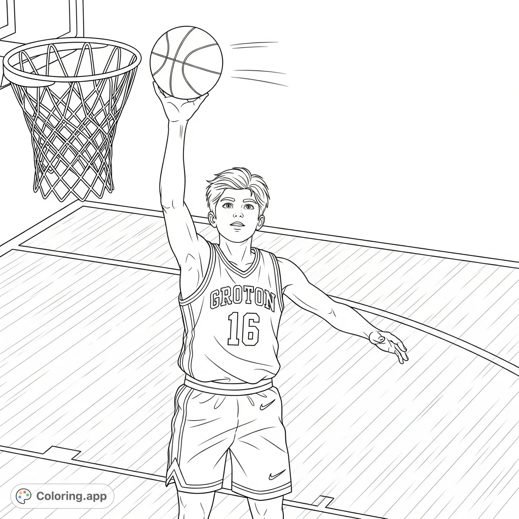 Dynamic basketball player mid-shot, featuring specific uniform details and a textured court. A free printable basketball coloring page for sports enthusiasts!
