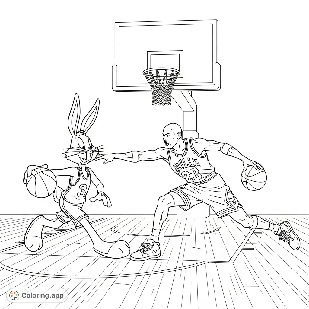 An epic Bugs Bunny and Michael Jordan basketball matchup! Capture the legendary cartoon character and sports icon in a dynamic, playful game scene.