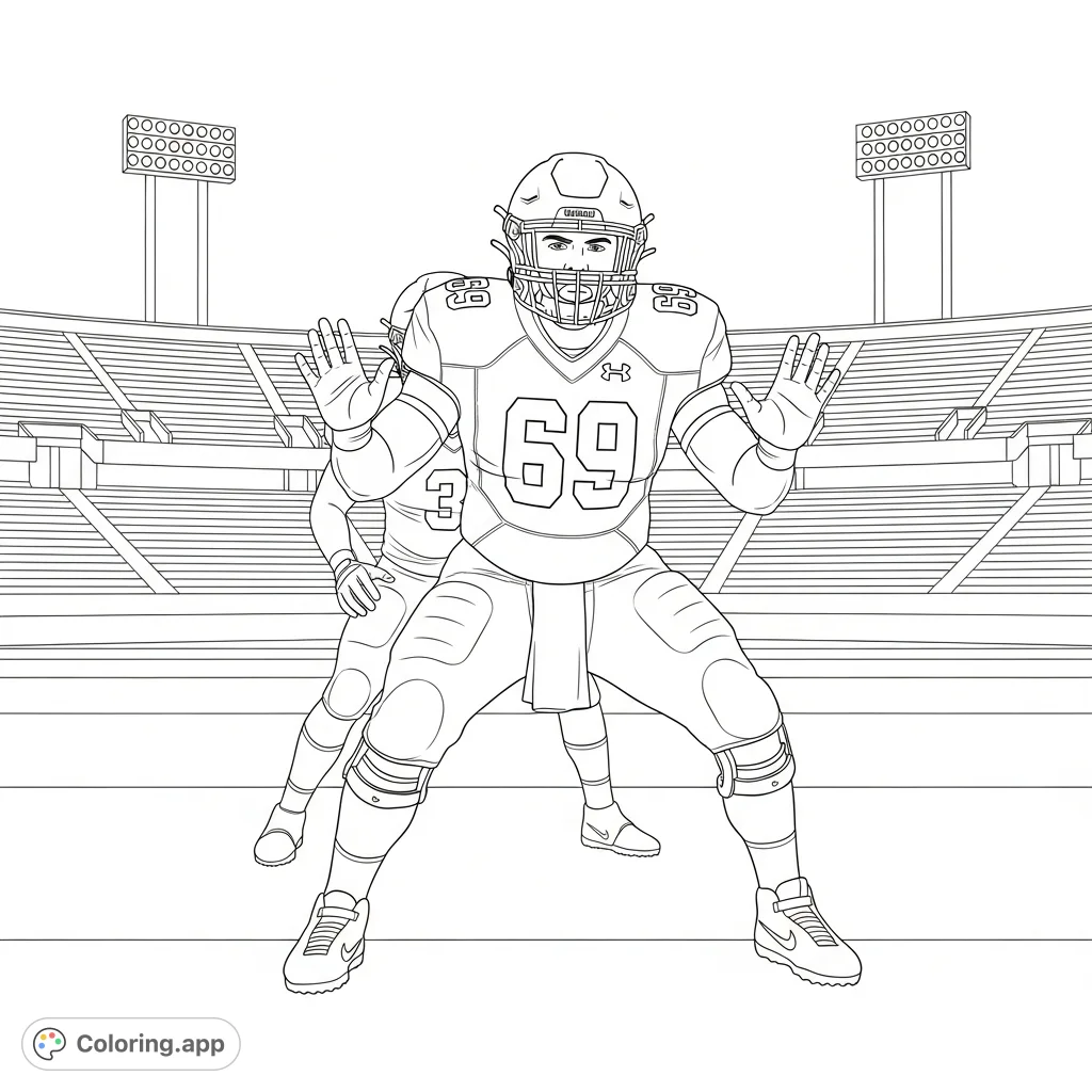 A powerful South Dakota State University Jackrabbit offensive lineman, number 69, protects his quarterback in a bustling stadium, ready for action. A dynamic football scene.