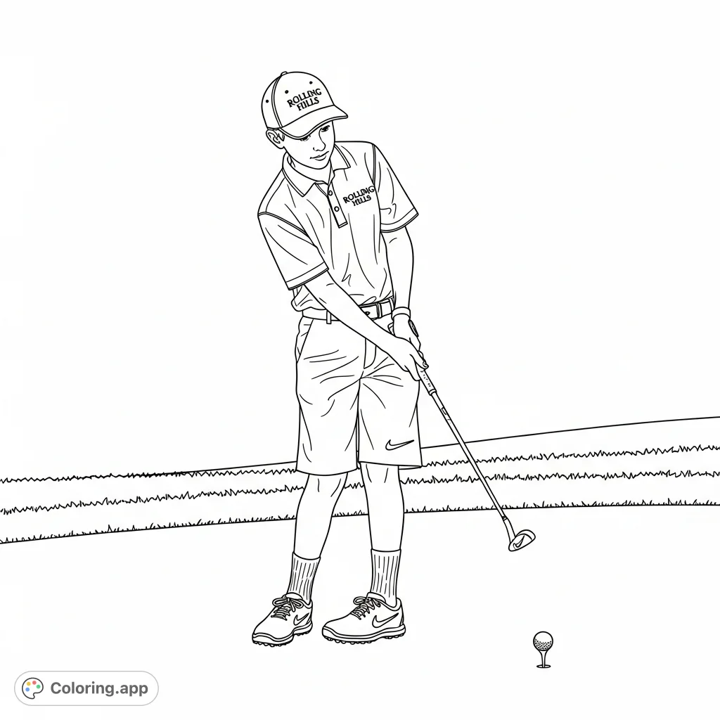 A dynamic coloring page featuring a 12-year-old golfer in action, chipping a shot on the green, complete with branded apparel and club details.