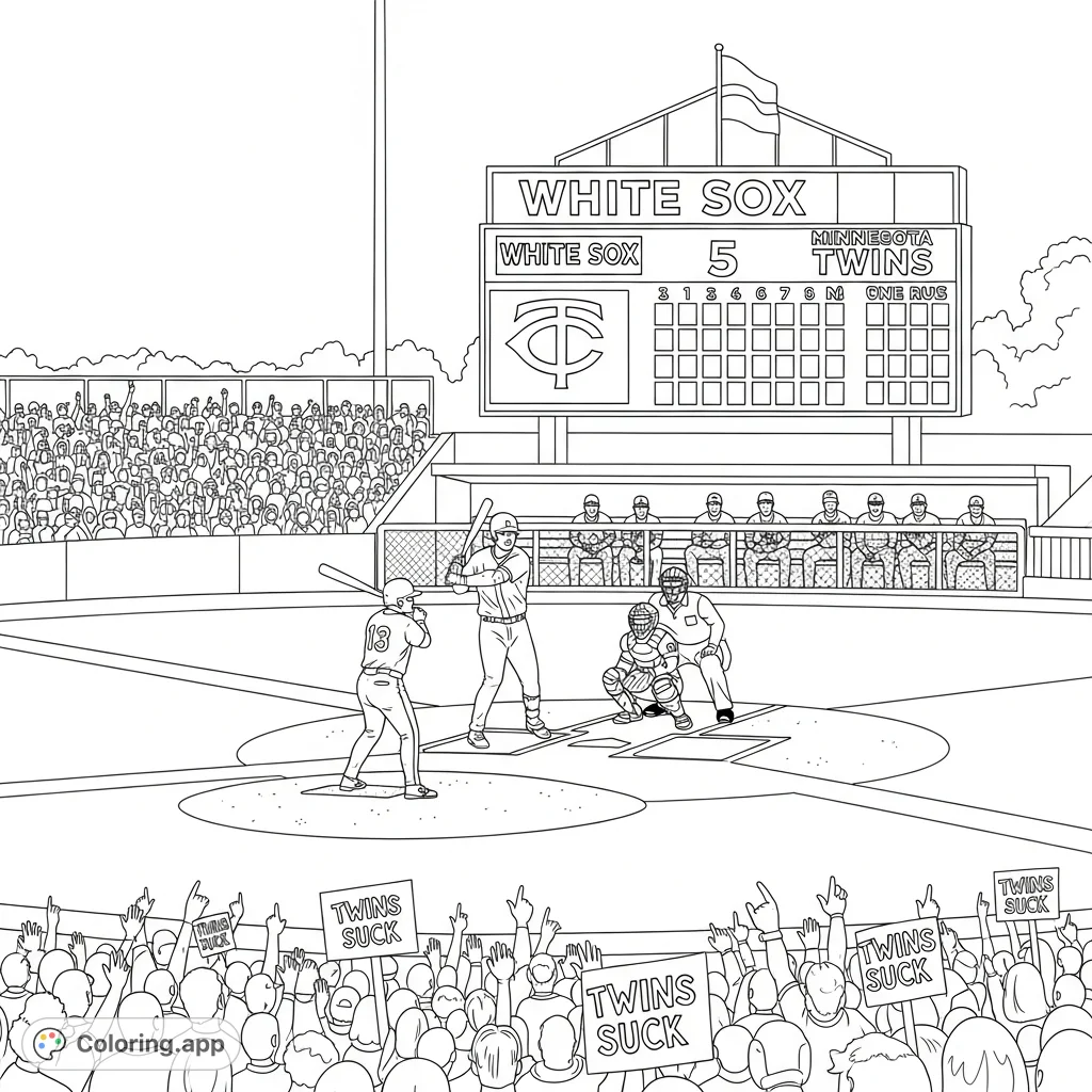 Experience a tense baseball game with the Minnesota Twins at bat, facing the White Sox. Fans cheer "Twins suck" as the scoreboard shows the Twins losing by 5.