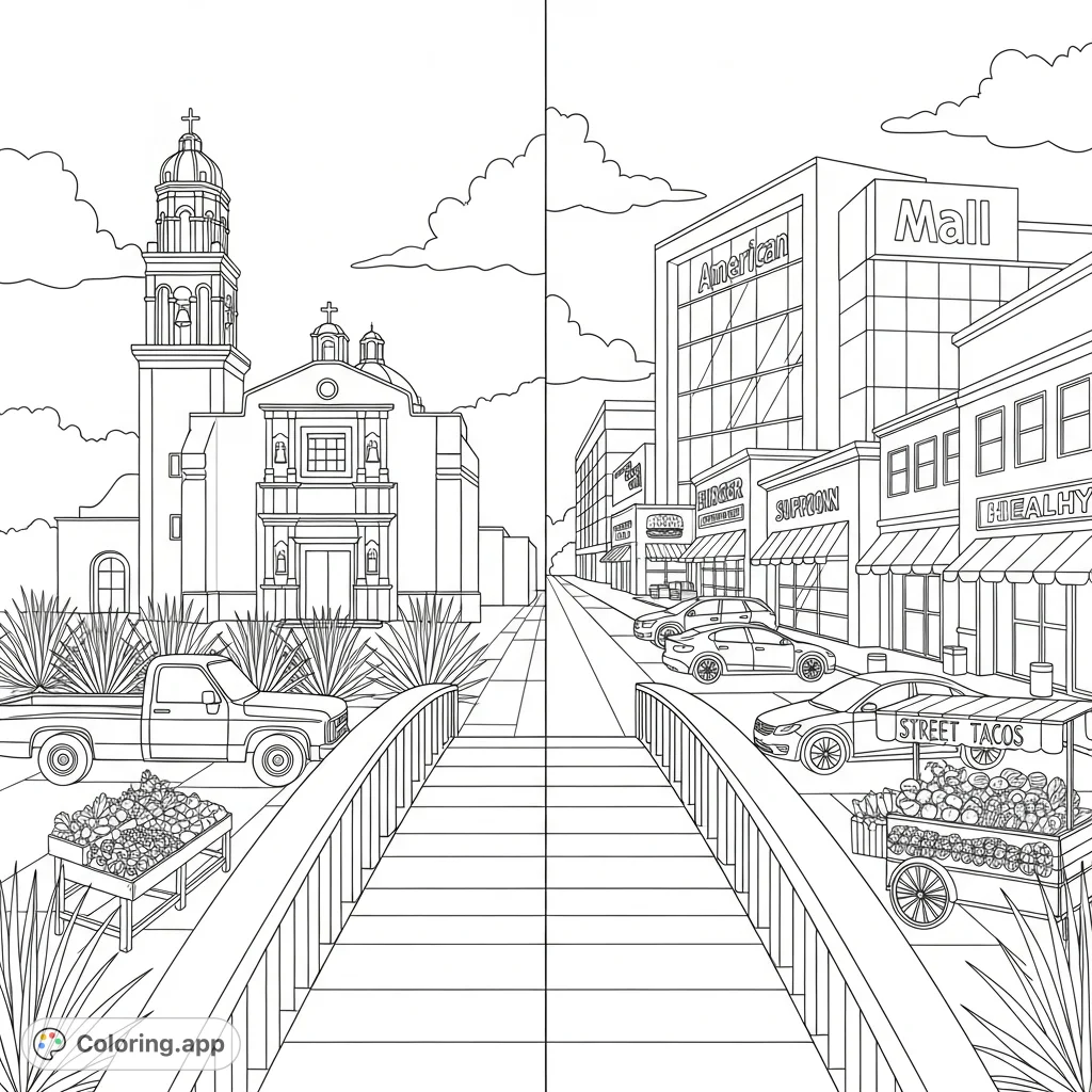 Explore the vibrant contrast of two border towns separated by a small bridge, showcasing diverse architecture, vehicles, and local establishments.