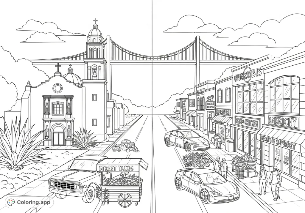 Explore a unique border town connection, featuring distinct Mexican and American sides, from taco stands and churches to electric cars and supermarkets.