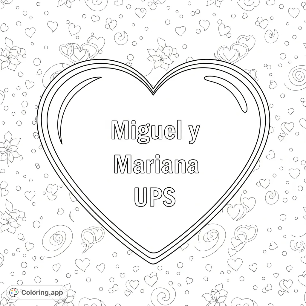 A personalized romantic heart design featuring "Miguel y Mariana UPS" at its center, surrounded by soft, simple patterns. Perfect for a heartfelt gesture.