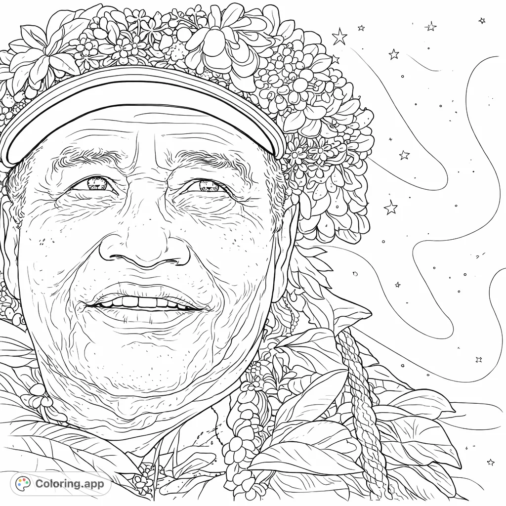 Capture the serene wisdom of an elder adorned with a botanical wreath and lei, set against a celestial backdrop. A detailed cultural portrait for mindful coloring.