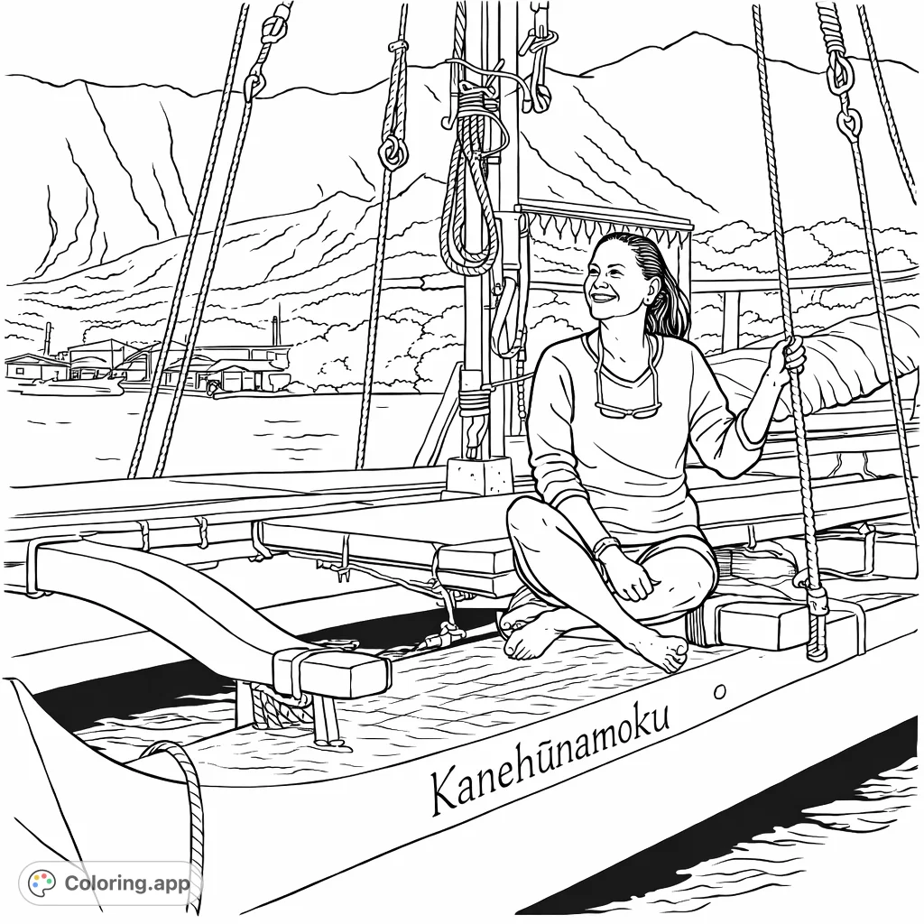 A smiling person relaxes on a traditional sailing canoe with majestic mountains in the background. Perfect for a calming, adventurous coloring experience.