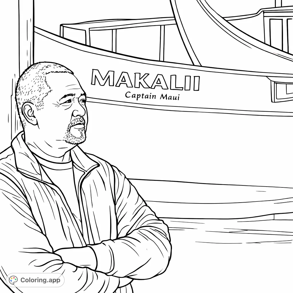 A striking portrait of a man with a thoughtful expression, set against the backdrop of a large vessel, perfect for adult colorists.