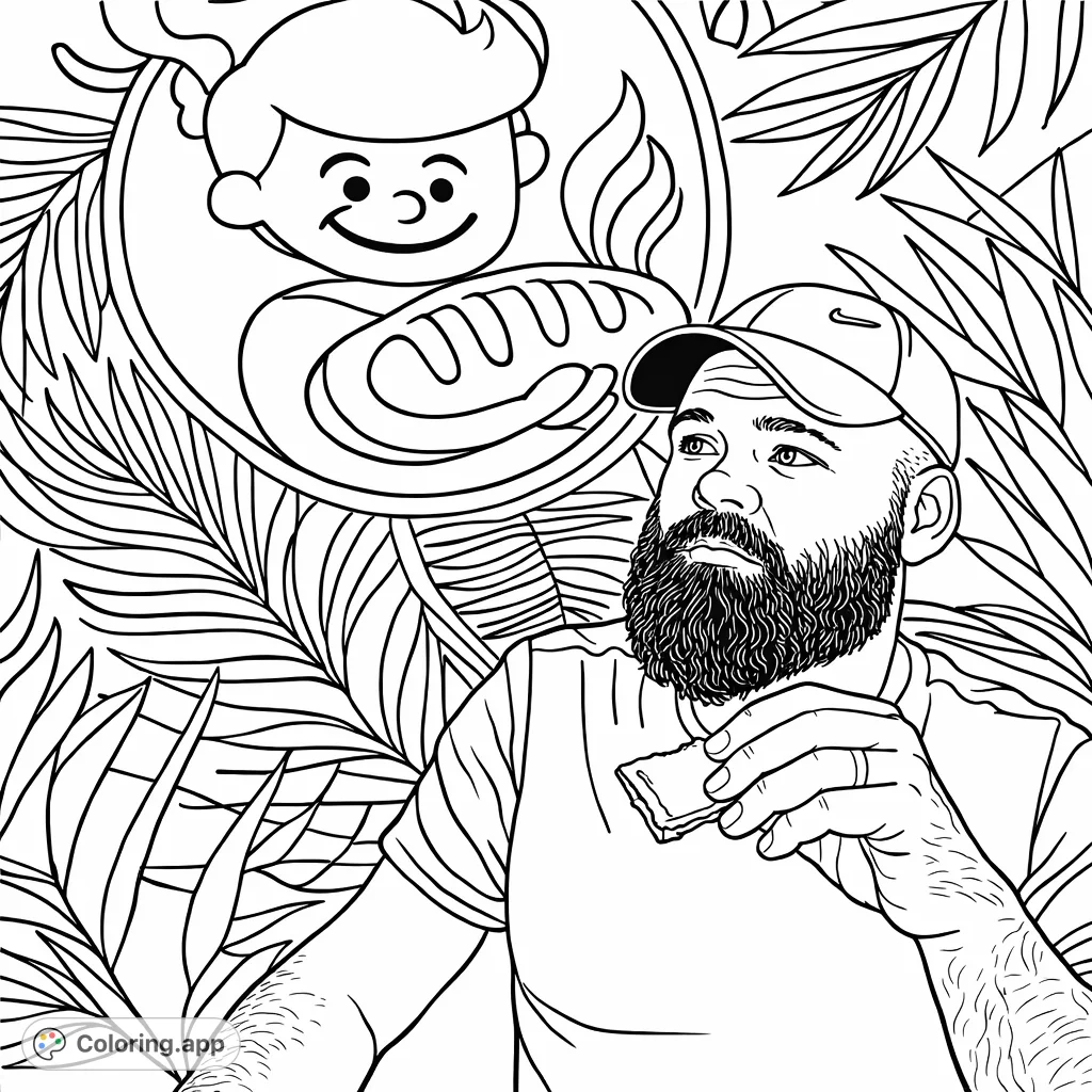A bearded man in a cap holds bread against a vibrant mural featuring a cheerful cartoon character and lush tropical leaves. A unique blend of everyday and art.