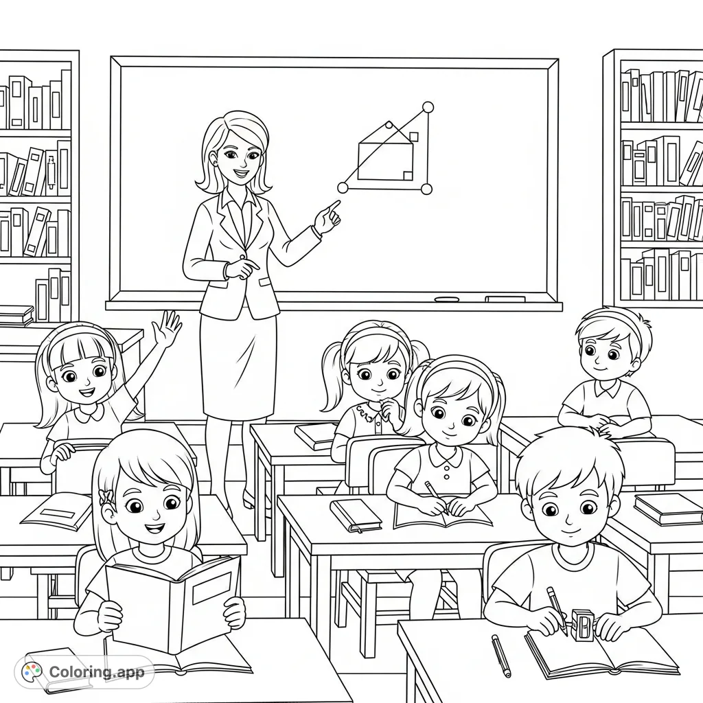 A vibrant classroom coloring page featuring a female teacher and five diverse students engaged in learning activities, surrounded by educational elements.