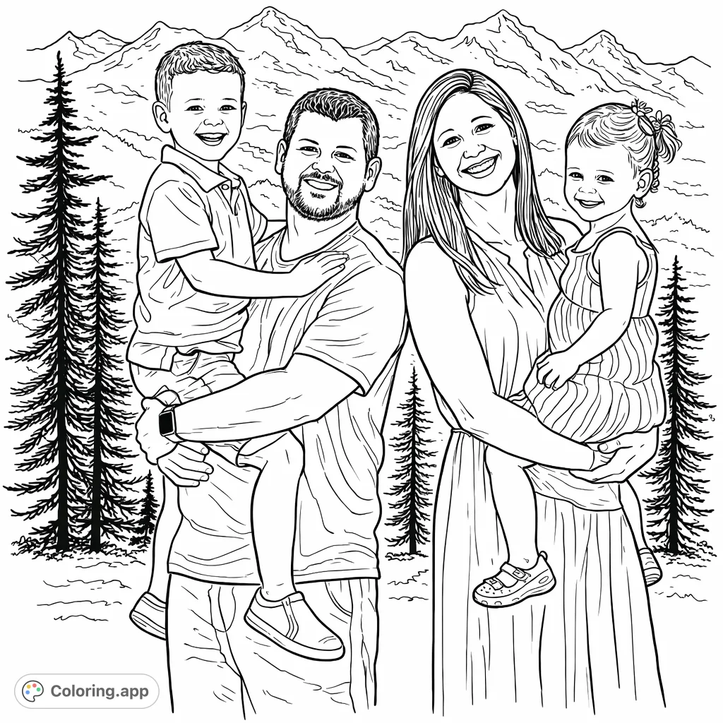A joyful family of four poses in front of a scenic mountain mural. Capture their smiles and the picturesque background in this delightful family coloring page.