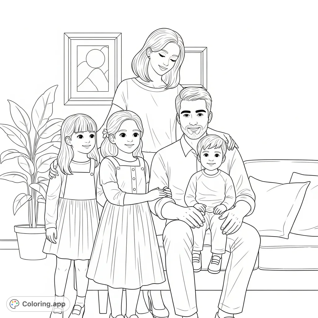 A heartwarming family portrait featuring a mom, dad, two daughters, and a son in a cozy setting. Perfect for a personalized family coloring page.