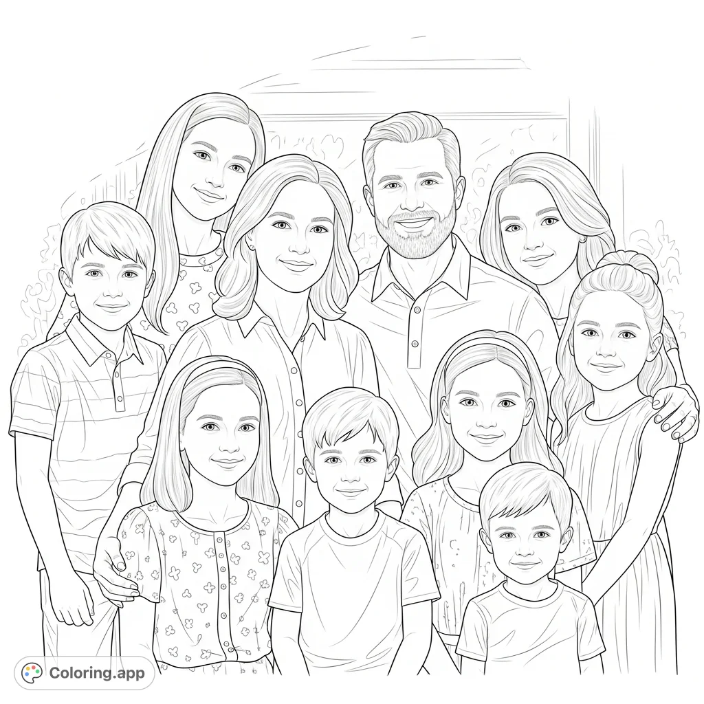 A heartwarming family coloring page featuring Mom, Dad, and their six children in a loving group embrace. Perfect for celebrating family bonds.