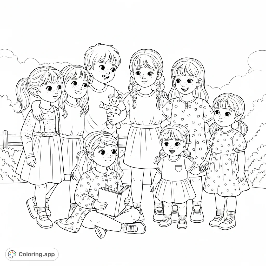 A delightful family coloring page featuring six children, two boys and four girls, playing and interacting in a charming outdoor setting. Perfect for all ages!