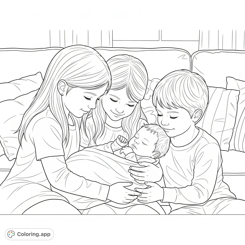 A heartwarming scene of sibling love featuring three girls and one boy gently gathered around their newborn baby brother in a tender embrace, filled with joy and warmth.