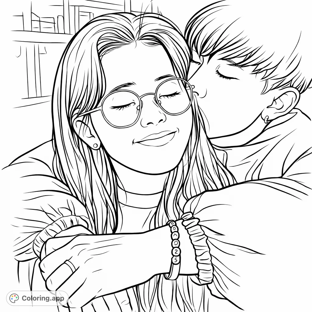 Capture a tender moment with this affectionate embrace coloring page. Featuring two individuals in a loving pose, perfect for expressing warmth and connection.