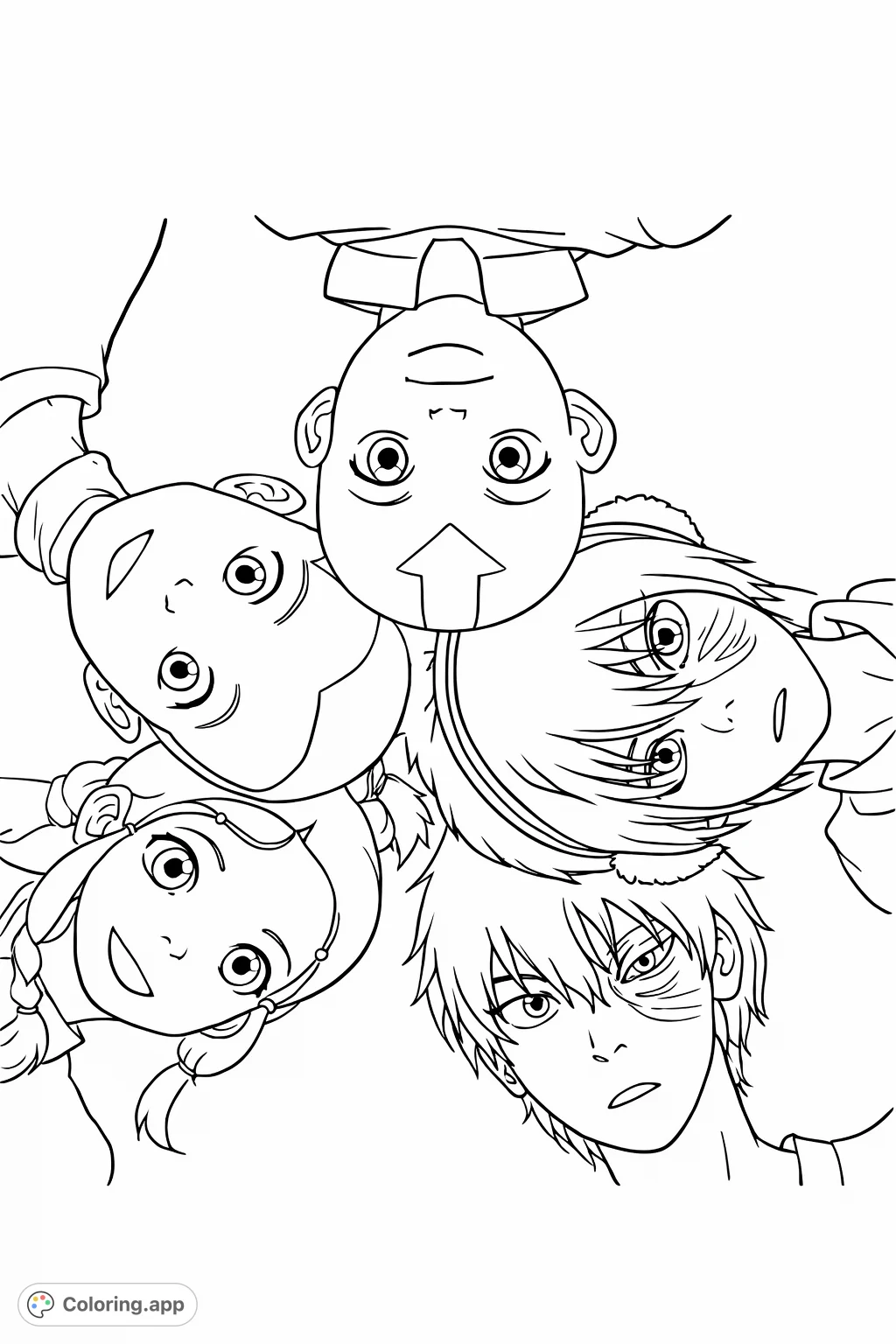 Join Aang, Katara, Sokka, Toph, and Zuko in this dynamic group shot. Perfect for fans to color their favorite characters and relive epic adventures.